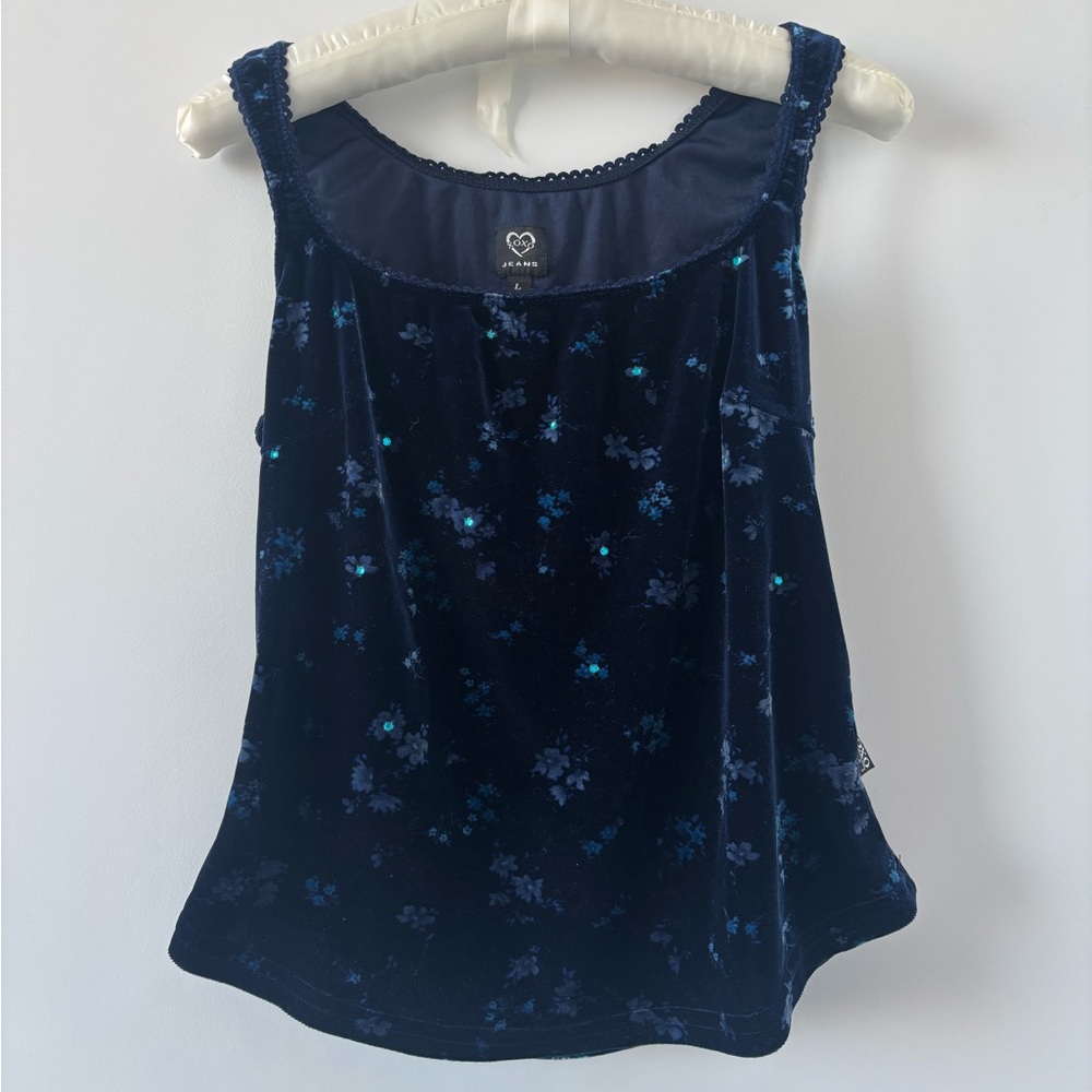 Vintage Y2K XOXO Navy Blue Floral Velvet Sequins Sleeveless Tank Top Square Neck - Picture 3 of 8